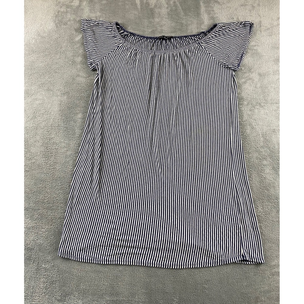 Kim & Cami Womens XL Tunic Top Navy Blue White Striped Short Cap Sleeve Nautical